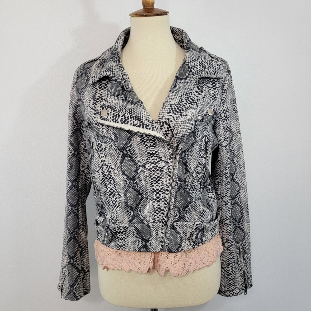Asymmetrical Snake Print Suede Moto Jacket